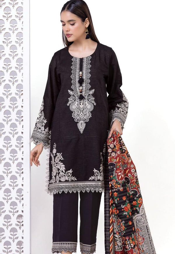 Khaadi 3 Pc- Stitched black Khaddar Embroidered