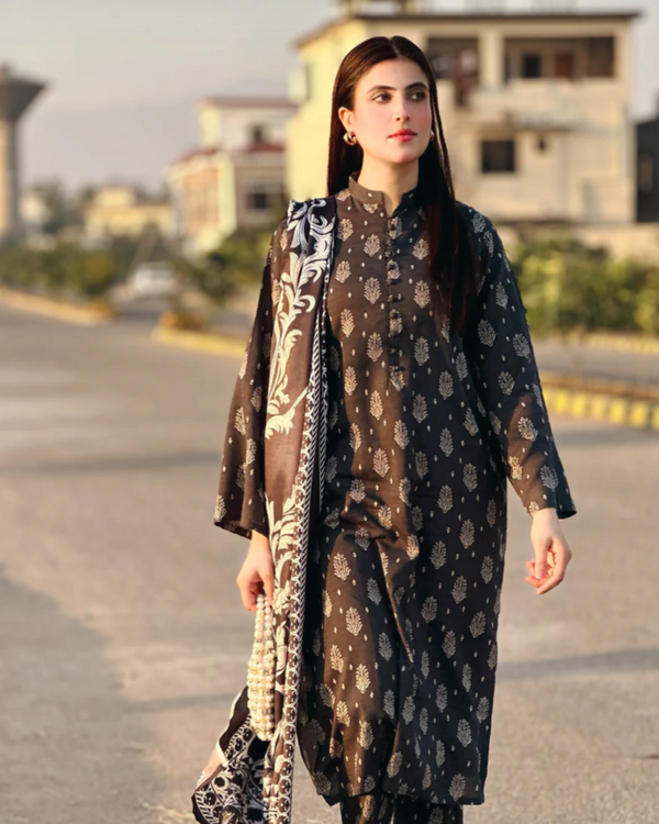 ByEast 3 Piece Stitched Dark Grey Printed