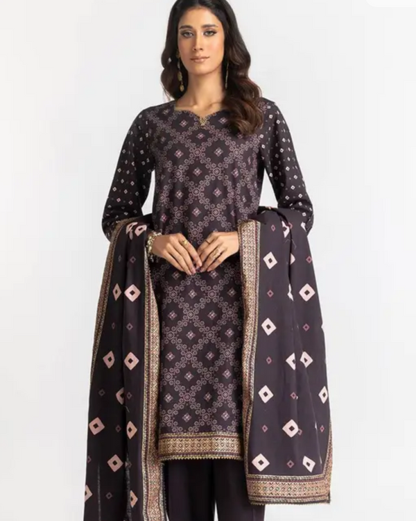 Gul Ahmed - 3 Piece Stitched Dark brown Chunri