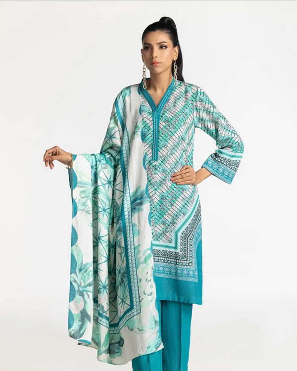Gul Ahmed - 3 Piece Stitched Ferozi and white printed