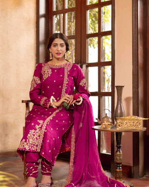 Omal by Komal 3 Piece Stitched Magenta Angrakha-style
