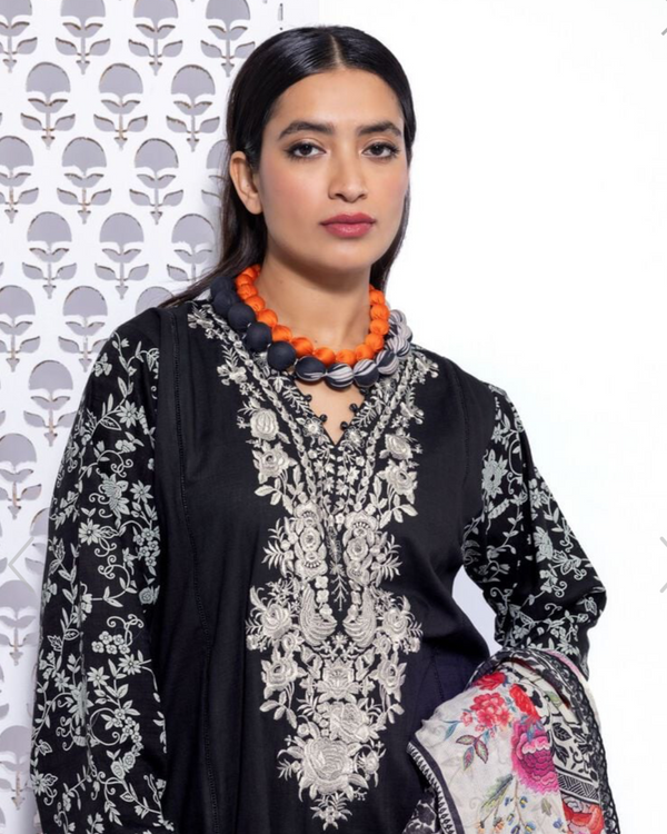 Khaadi- 3 Piece Stitched Black with white embroidery