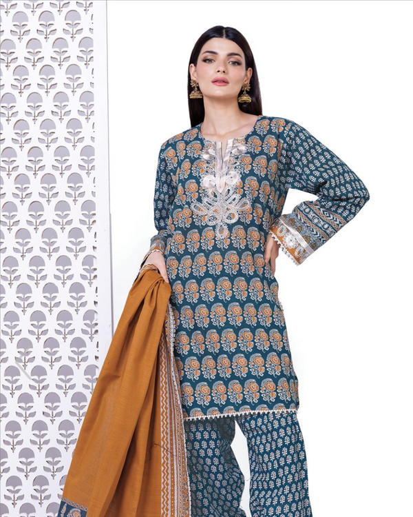 Khaadi- 3 Piece Stitched Rust Sea green Embroidery