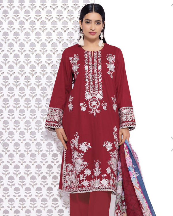 Khaadi- 3 Piece Stitched Maroon with off white Embridoery