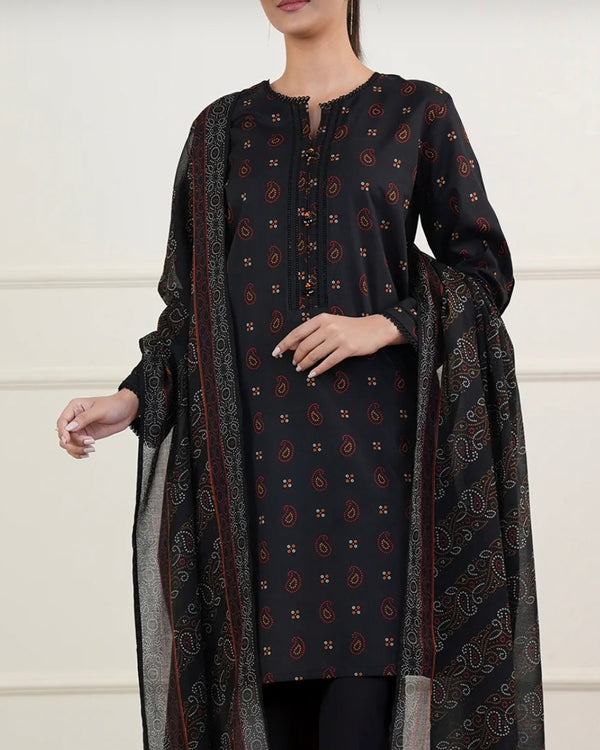 Saya- 3 Piece Un Stitched off Black Chunri print