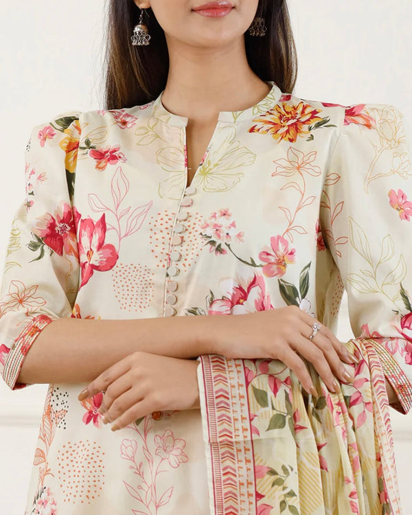 Saya- 3 Piece Un Stitched off white floral print