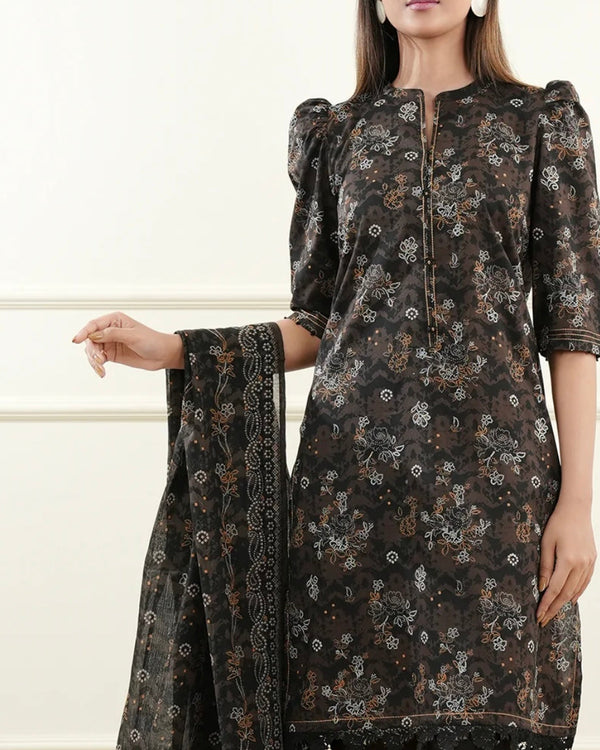 Saya- 3 Piece Un Stitched Brown Chunri Print