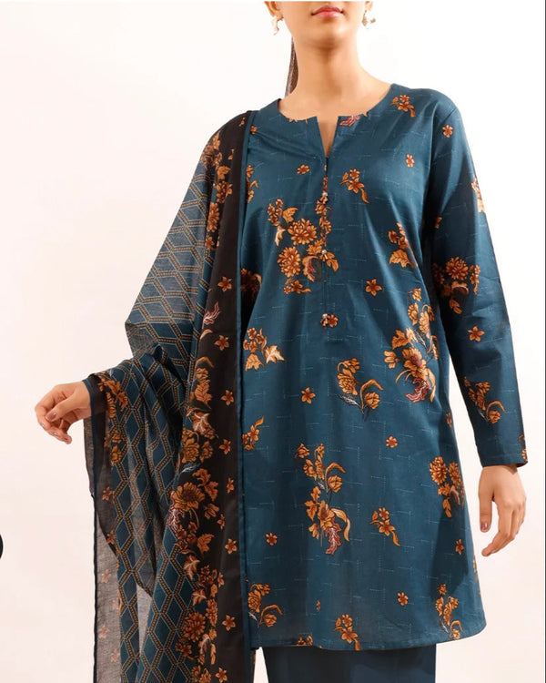 Saya- 3 Piece Un Stitched teal blue and brown