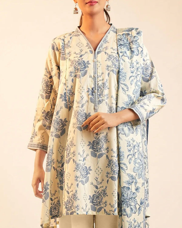 Saya- 3 Piece Un Stitched Off white Blue