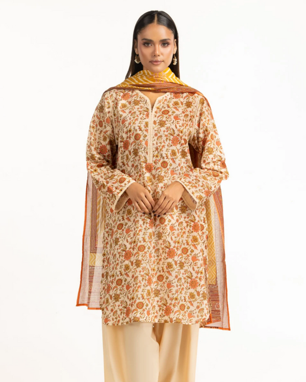 Gul Ahmed - 3 Piece Stitched Beige Printed