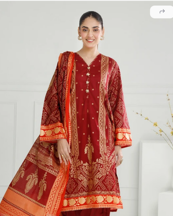 Gul Ahmed - 3 Piece Stitched Redish maroon chunri