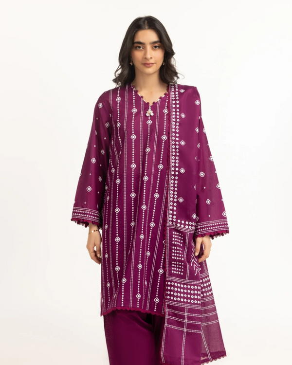Gul Ahmed - 3 Piece Stitched Dark Purple with White chunri