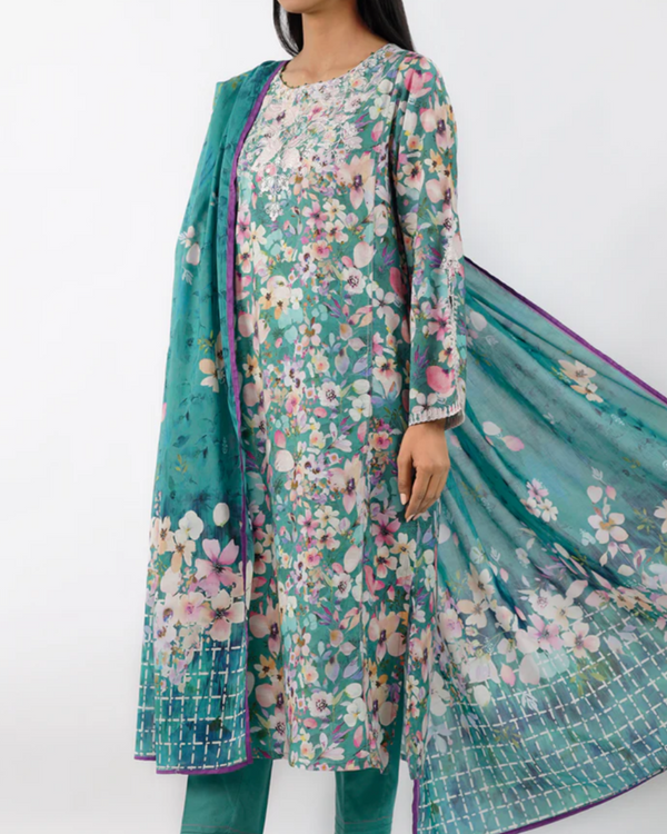 Saya- 3 Piece Stitched Green floral